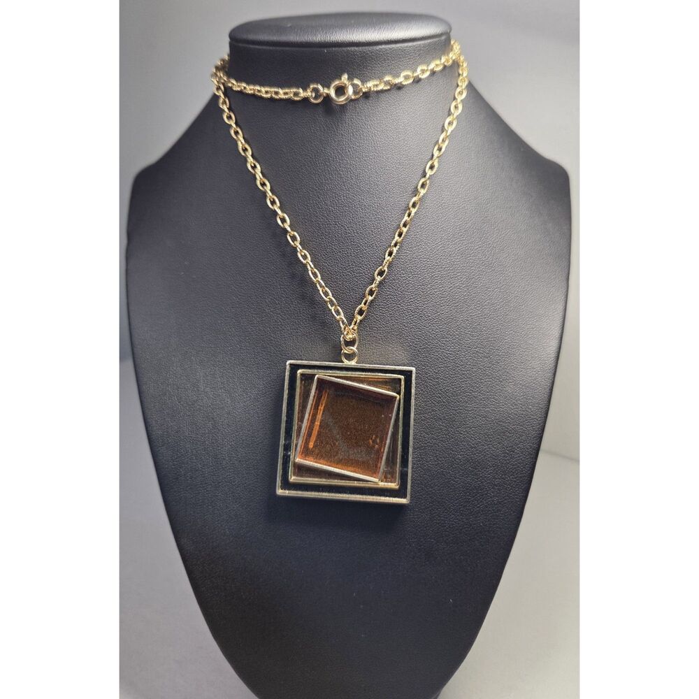 Modernist Amber Green Resin Frame Pendant Necklace